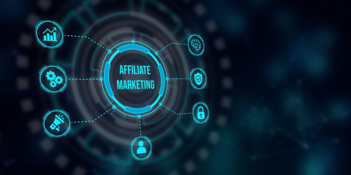 Tech-based image of affiliate marketing with several icons, including graphs, lock, shield, and more.