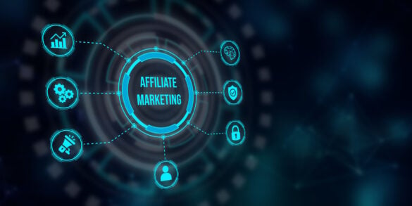Tech-based image of affiliate marketing with several icons, including graphs, lock, shield, and more.