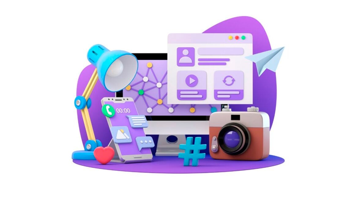A colourful graphic comparing Google search results and social media platforms, with icons representing digital marketing tools.