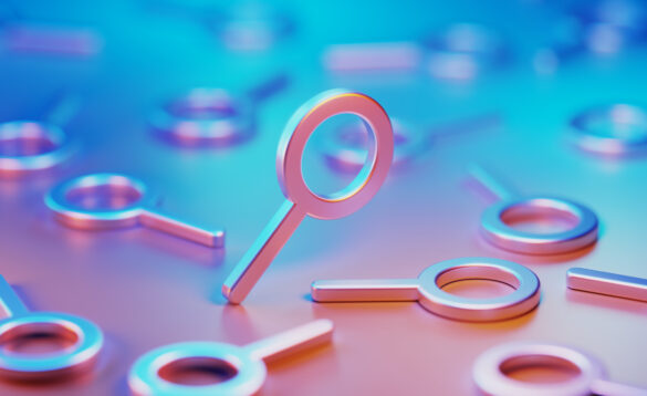 Magnifying glass on gradient background.