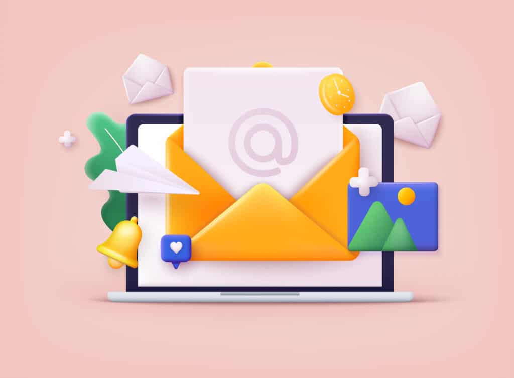 Vector illustration of a laptop, with an open envelope with letter, bell, and paper plane illustrating marketing automation.