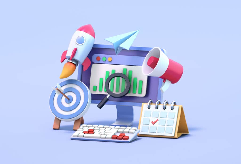 3D Illustration of computer, rocket, target, paper airplane, megaphone, calendar, web page, and magnifying glass showcasing data-driven decisions.