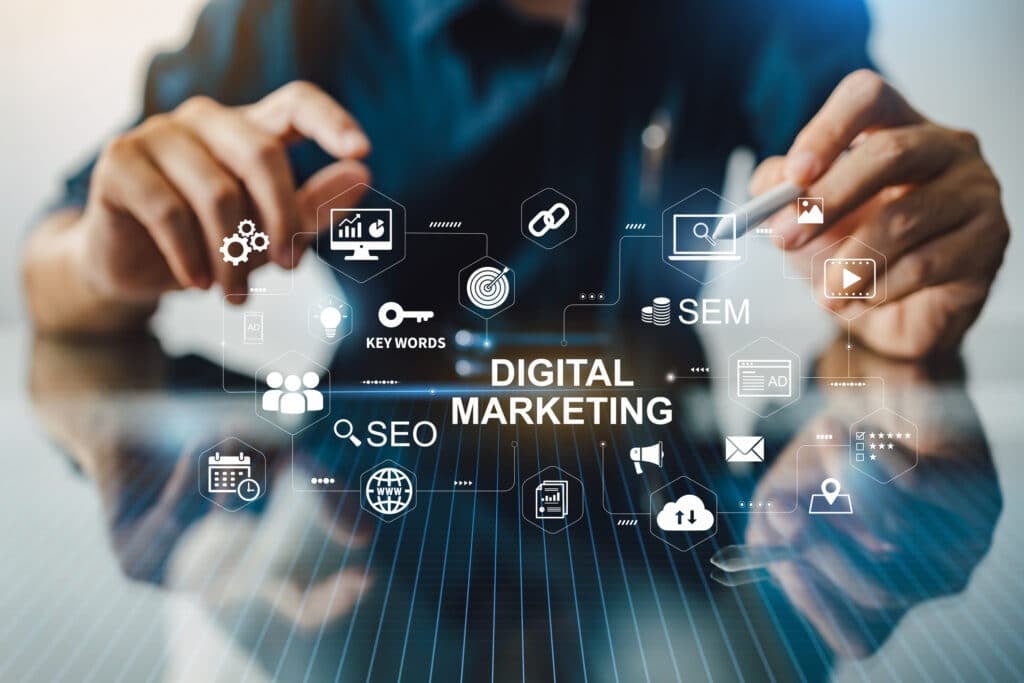 Diagram showcasing digital marketing landscape including SEO, SEM, and keyword research. 