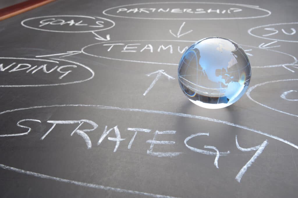 Flowchart on a chalk board with a globe showcasing digital marketing strategy