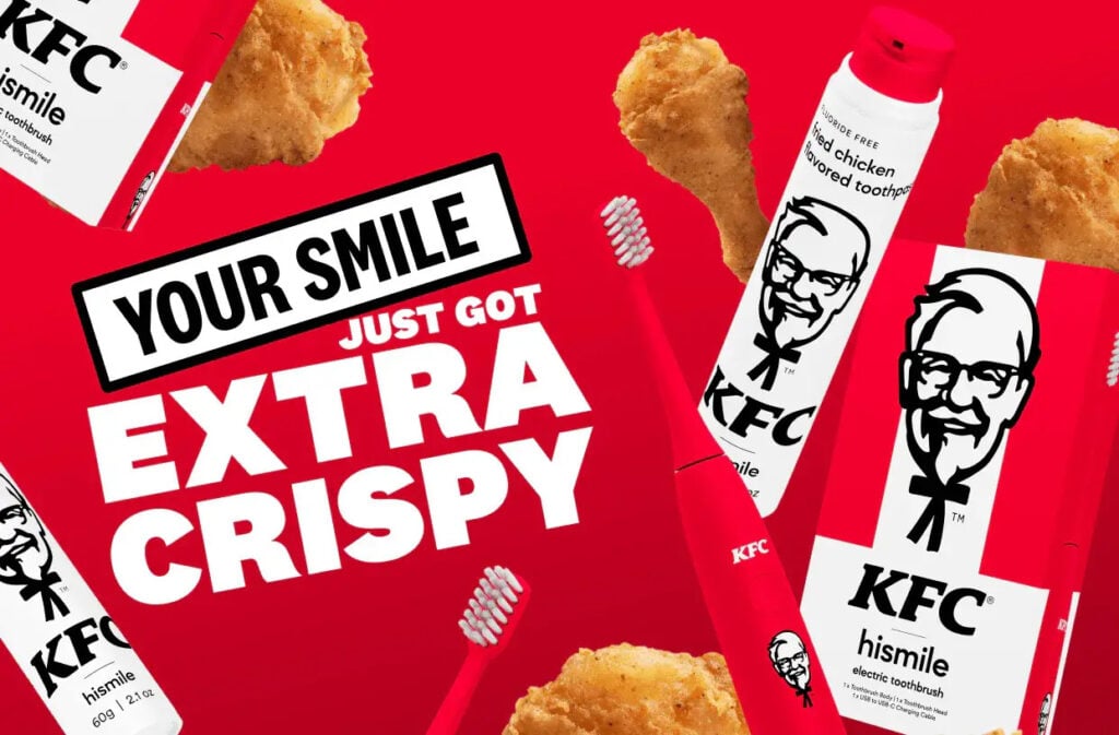 April Fools’ Day promotional image featuring KFC and hismile's fictional fried chicken-flavoured toothpaste and electric toothbrush on a bright red background with crispy chicken drumsticks.
