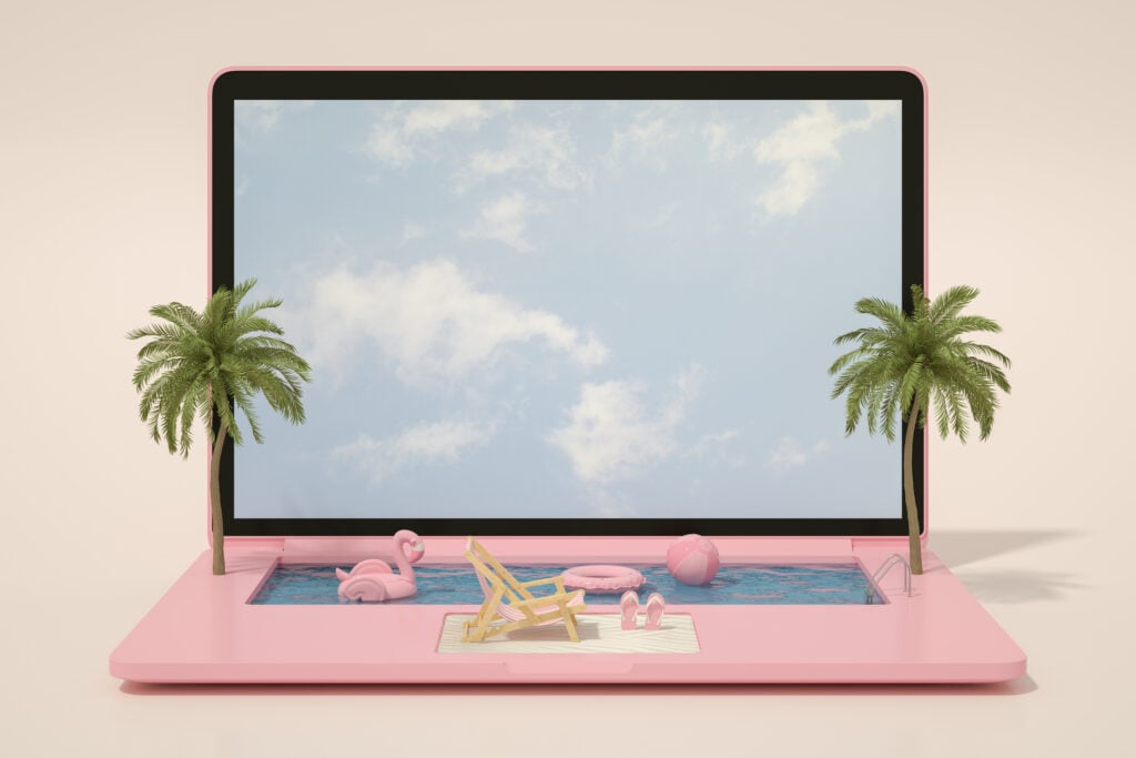 3D rendering of Laptop Swimming Pool, Summer Holiday and Travel concept
