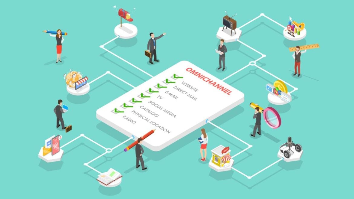 Illustration of a multi-channel marketing strategy with various touchpoints, including website, social media, email, direct mail and traditional advertising, connected in a multi-marketing channel system.