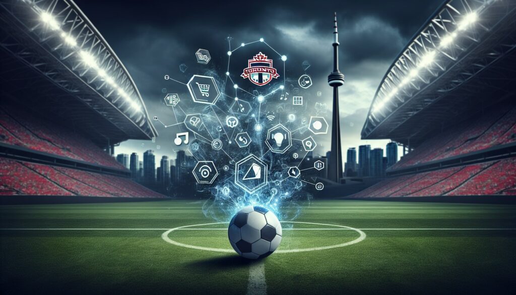 Soccer ball on soccer field with CN Tower in the background and TFC logo and icons in the air