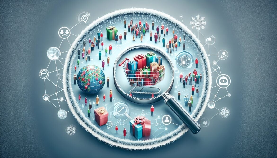 Holiday Shopping Cart surrounded by magnifying glass, presents, and shoppers