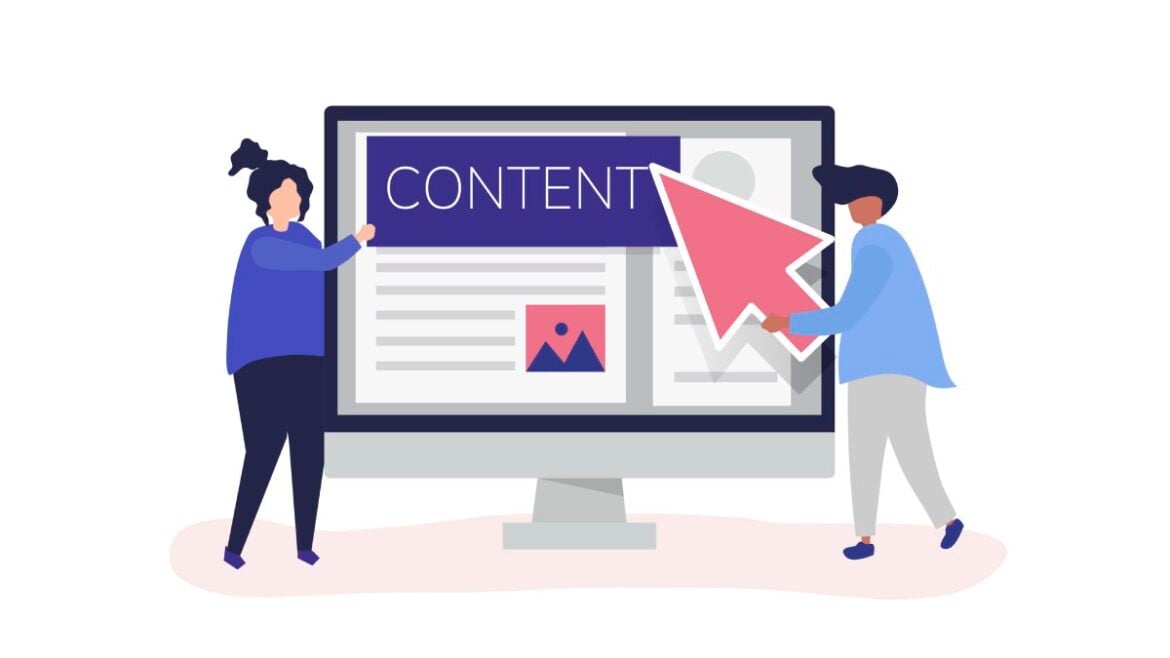 Illustration of two people interacting with digital content on a computer screen, with a large cursor clicking on the content, symbolizing engagement with an irresistible headline.