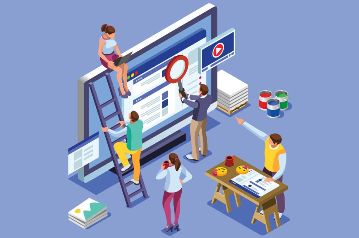 Flat isometric vector illustration isolated on blue background showing different members of a digital marketing agency at work.