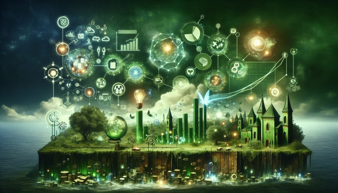 Image showcasing a landscape similar to the movie Wicked with icons referencing a number of different marketing strategies