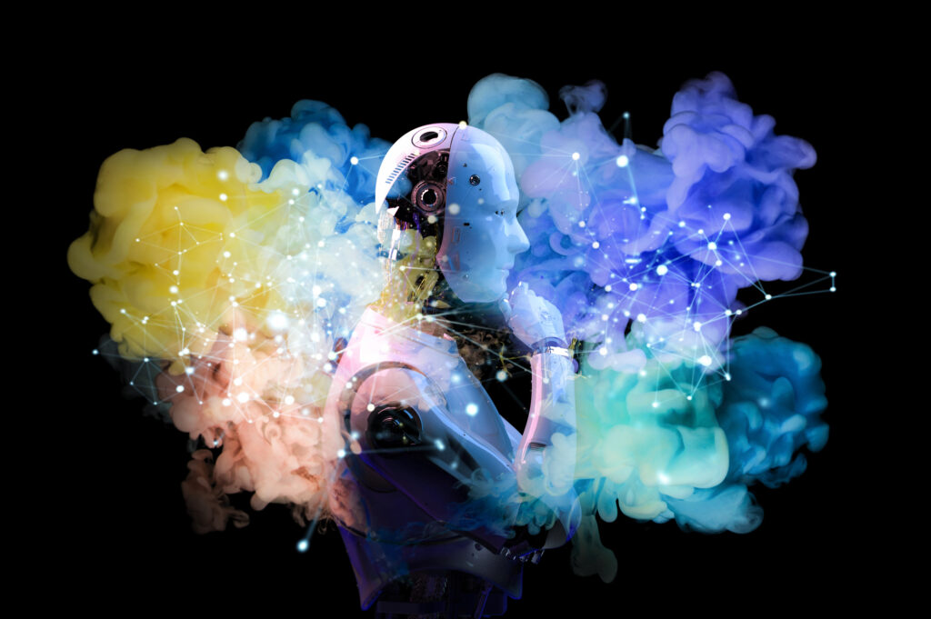 AI generated figure with colourful smoke around them on black background