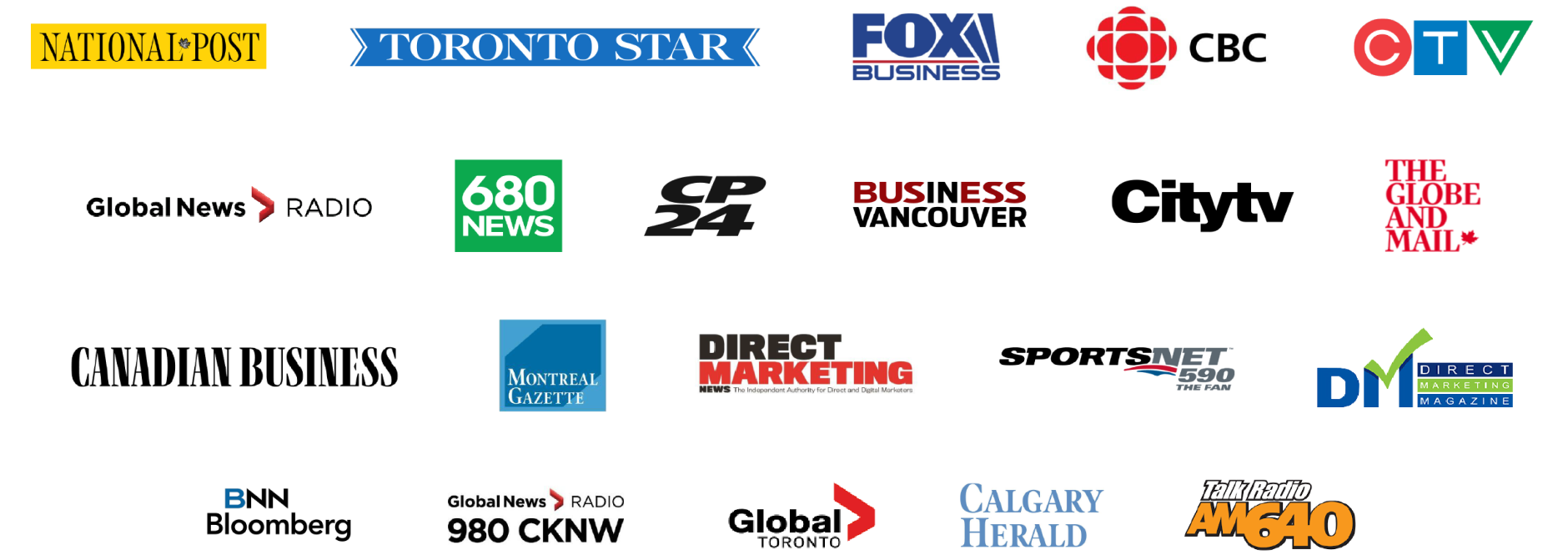 Media coverage including National Post, Toronto Star, Fox Business, CBC, CTV, Global News Radio, 680 News, CP24, Business Vancouver, Citytv, The Globe and Mail, Canadian Business, Montreal Gazette, Direct Marketing News, Sportsnet, BNN Bloomberg, Global Toronto, Calgary Herald and more